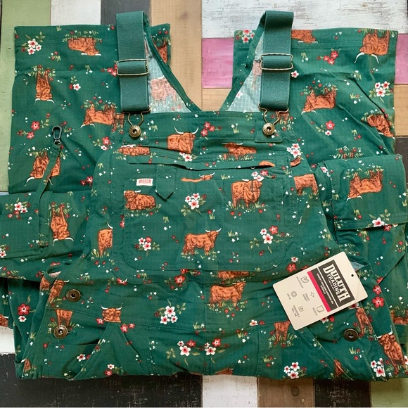 NWT Duluth Small Heirloom Gardening Bib Overalls Green Highland Cow Smallx33 - Picture 10 of 12